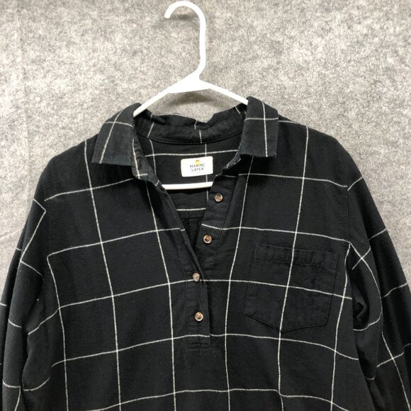 Marine Layer Flannel Popover Shirt Womens L Black Grid Plaid Organic Cotton - Picture 3 of 8